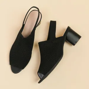 Peep Toe Heels for Women Dressy Chunky Heel Summer Shoes Womens Slingback Knitted Mesh Heels with Elastic Strap