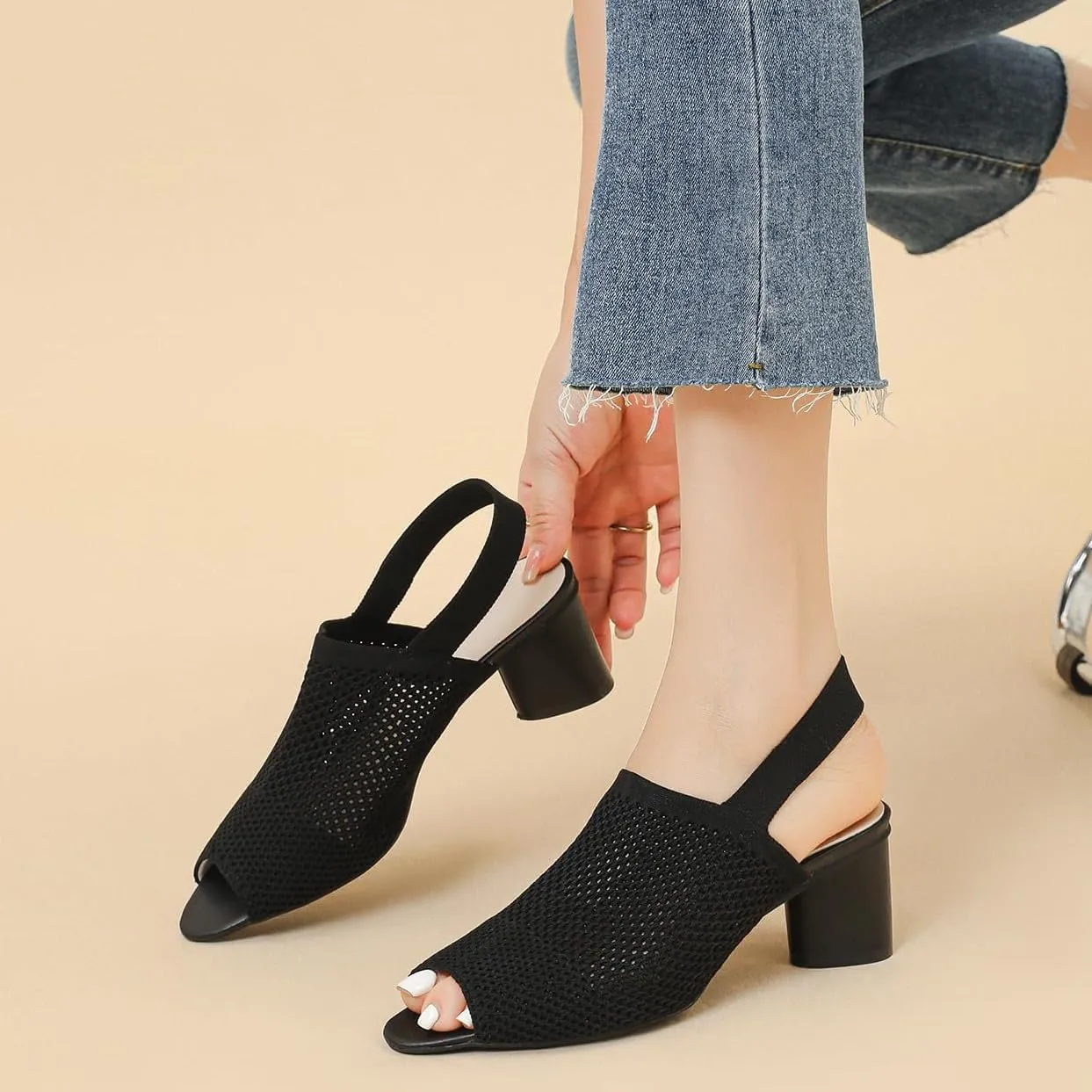Peep Toe Heels for Women Dressy Chunky Heel Summer Shoes Womens Slingback Knitted Mesh Heels with Elastic Strap