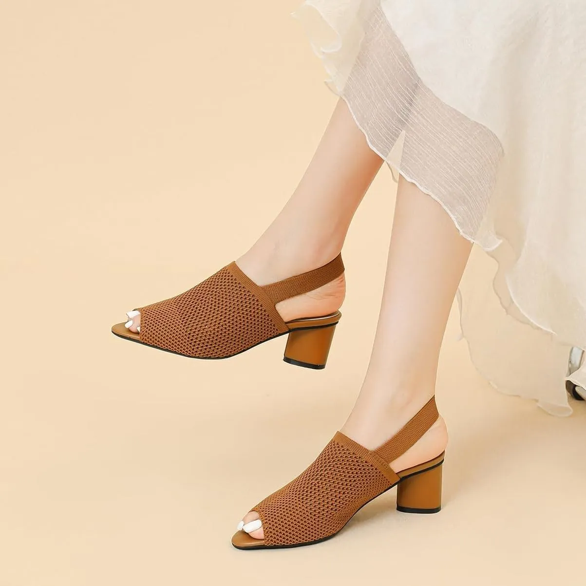Peep Toe Heels for Women Dressy Chunky Heel Summer Shoes Womens Slingback Knitted Mesh Heels with Elastic Strap