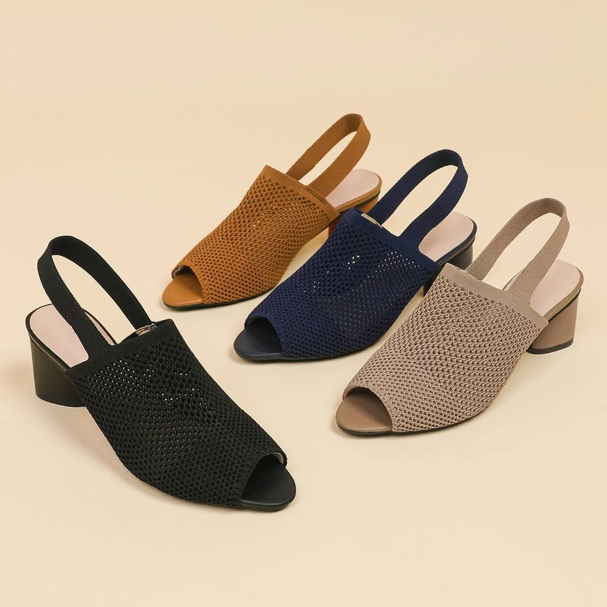 Peep Toe Heels for Women Dressy Chunky Heel Summer Shoes Womens Slingback Knitted Mesh Heels with Elastic Strap