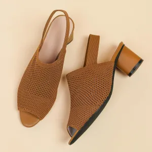 Peep Toe Heels for Women Dressy Chunky Heel Summer Shoes Womens Slingback Knitted Mesh Heels with Elastic Strap