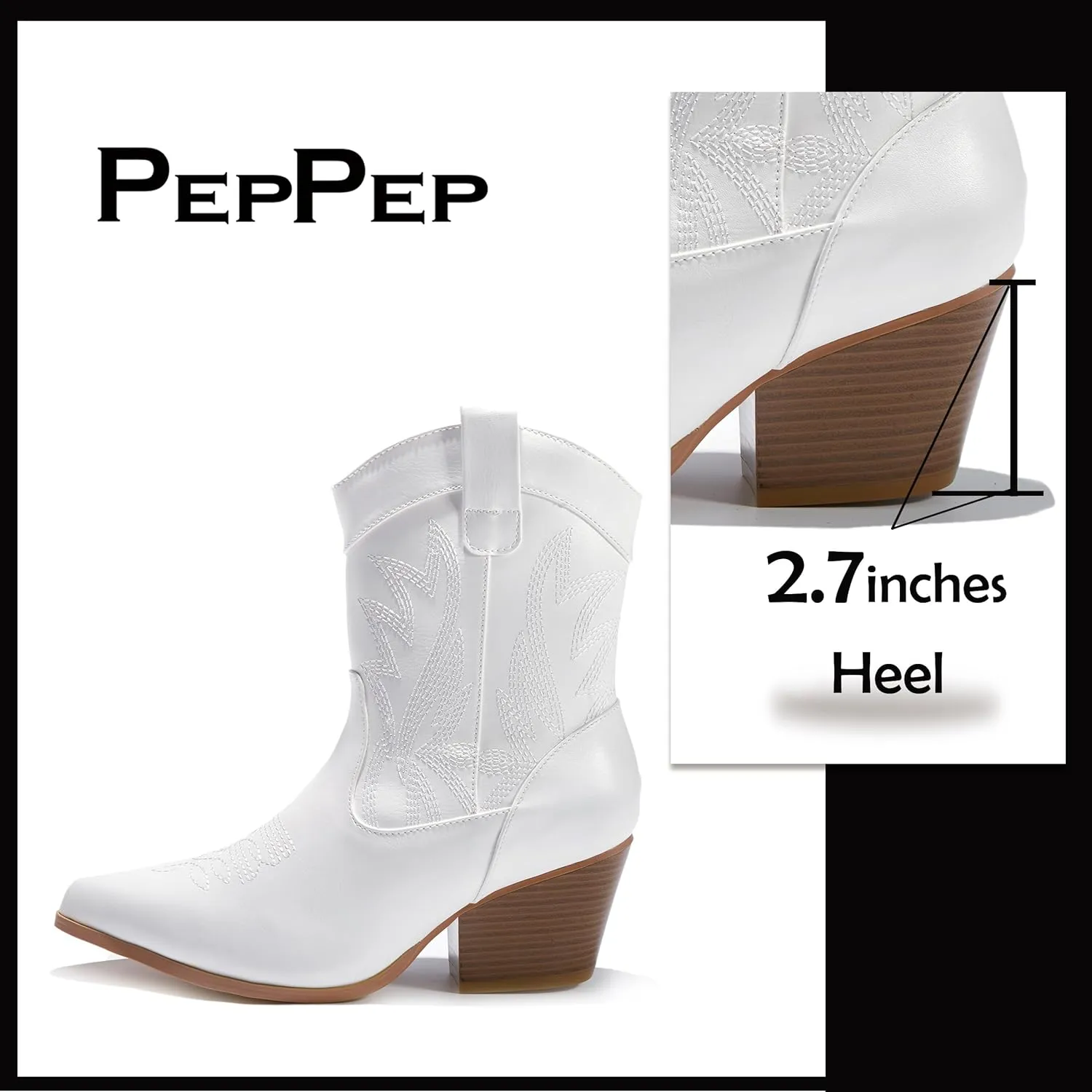 PEPPEP Western Cowgirl Cowboy Ankle Boots for Women or Ladies, Mid Calf, Vegan Leather Embroidered Upper, Low Heel, Fashionable Pointed-toe, Well Made