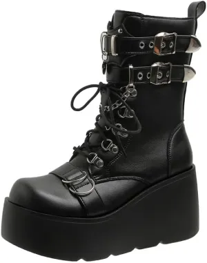 Platform Goth Boots for Women Studded Mid Calf Punk Boots Buckle Chunky Boots Women Rave Boots Side Zipper