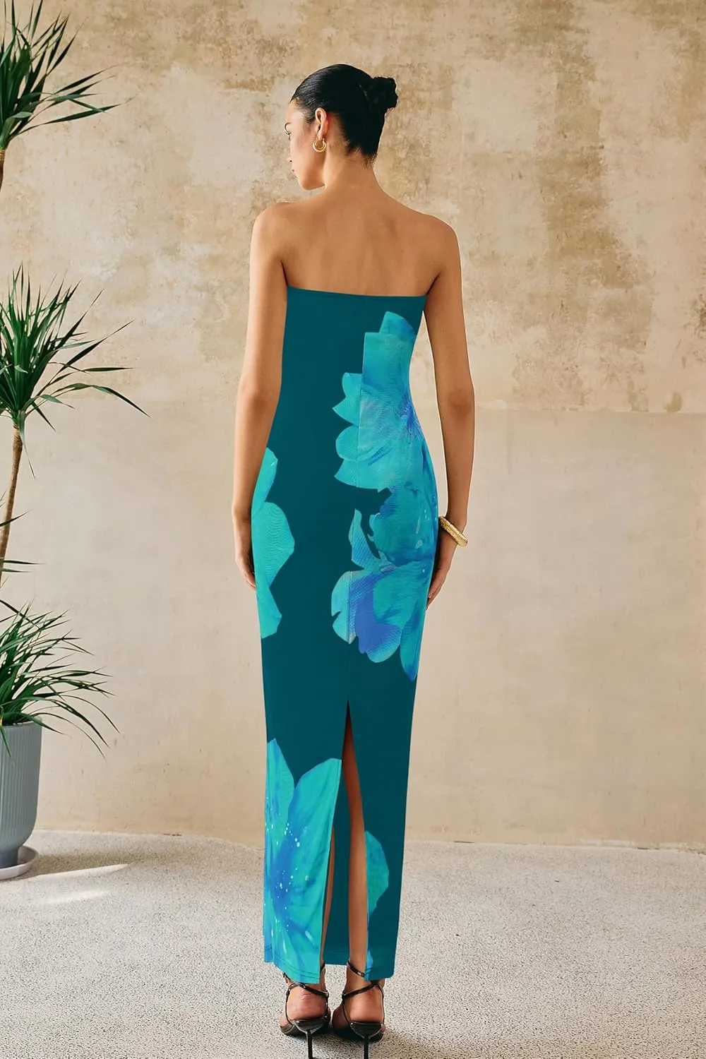 PRETTYGARDEN Women Summer Strapless Maxi Dress Bodycon Floral Sexy Long Wedding Guest Dress Formal Tube Mesh Cocktail Dresses
