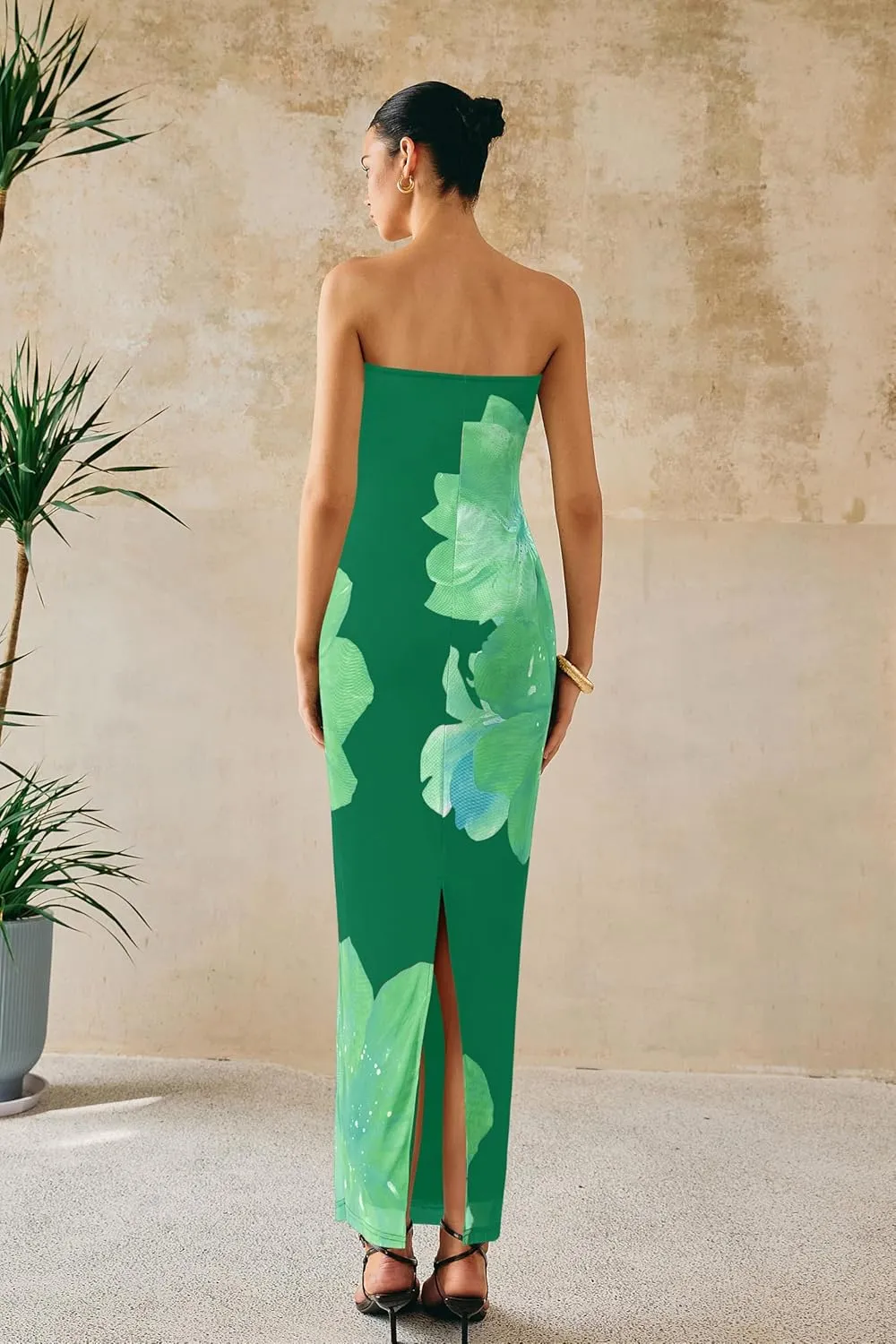 PRETTYGARDEN Women Summer Strapless Maxi Dress Bodycon Floral Sexy Long Wedding Guest Dress Formal Tube Mesh Cocktail Dresses