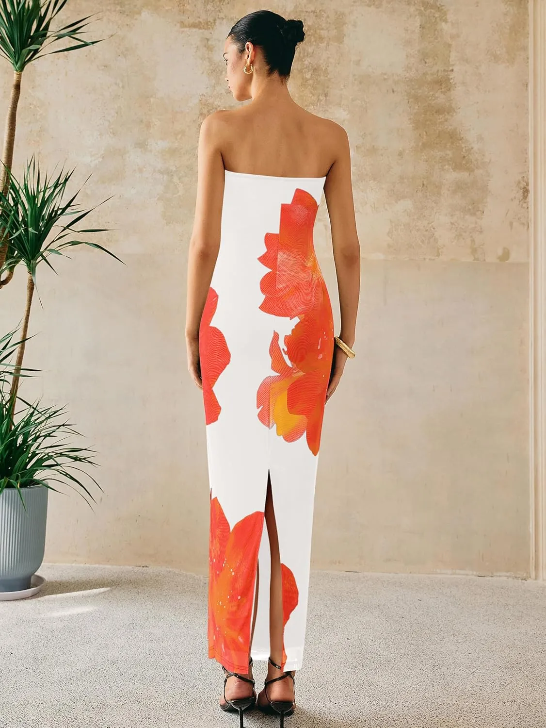 PRETTYGARDEN Women Summer Strapless Maxi Dress Bodycon Floral Sexy Long Wedding Guest Dress Formal Tube Mesh Cocktail Dresses