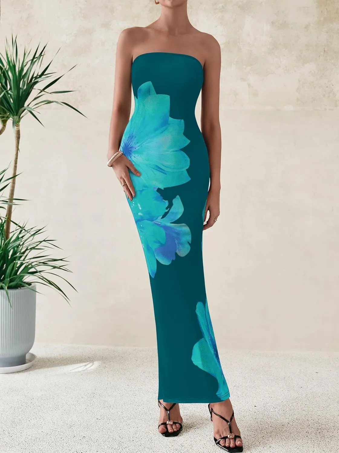PRETTYGARDEN Women Summer Strapless Maxi Dress Bodycon Floral Sexy Long Wedding Guest Dress Formal Tube Mesh Cocktail Dresses