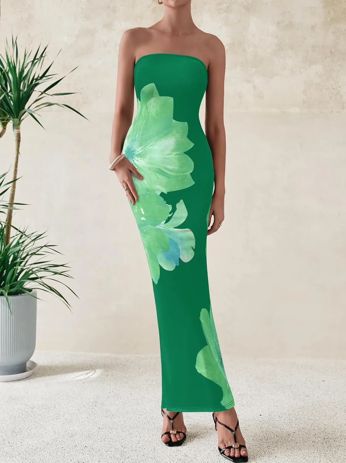 PRETTYGARDEN Women Summer Strapless Maxi Dress Bodycon Floral Sexy Long Wedding Guest Dress Formal Tube Mesh Cocktail Dresses