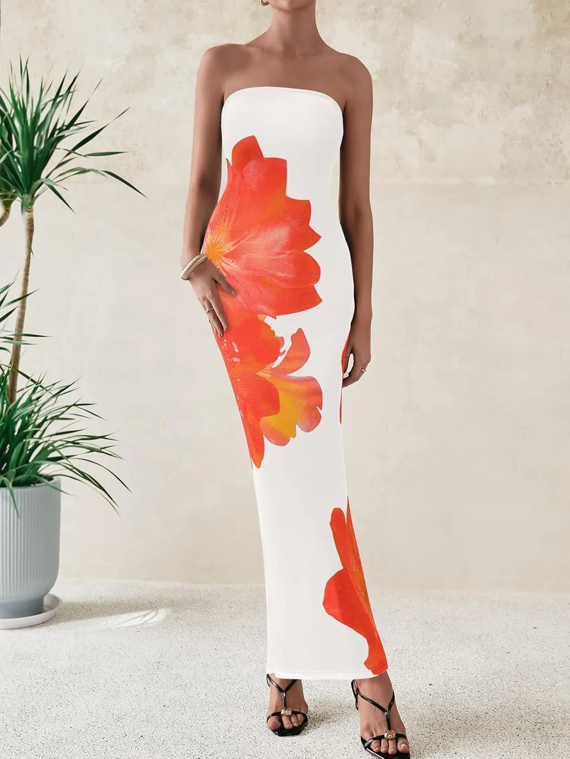 PRETTYGARDEN Women Summer Strapless Maxi Dress Bodycon Floral Sexy Long Wedding Guest Dress Formal Tube Mesh Cocktail Dresses