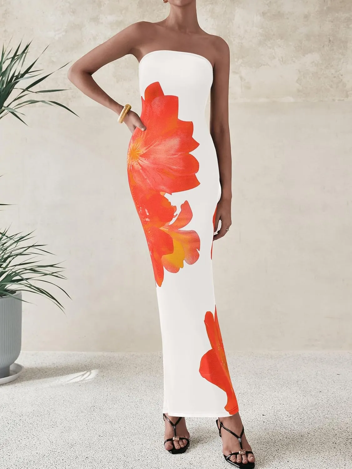 PRETTYGARDEN Women Summer Strapless Maxi Dress Bodycon Floral Sexy Long Wedding Guest Dress Formal Tube Mesh Cocktail Dresses