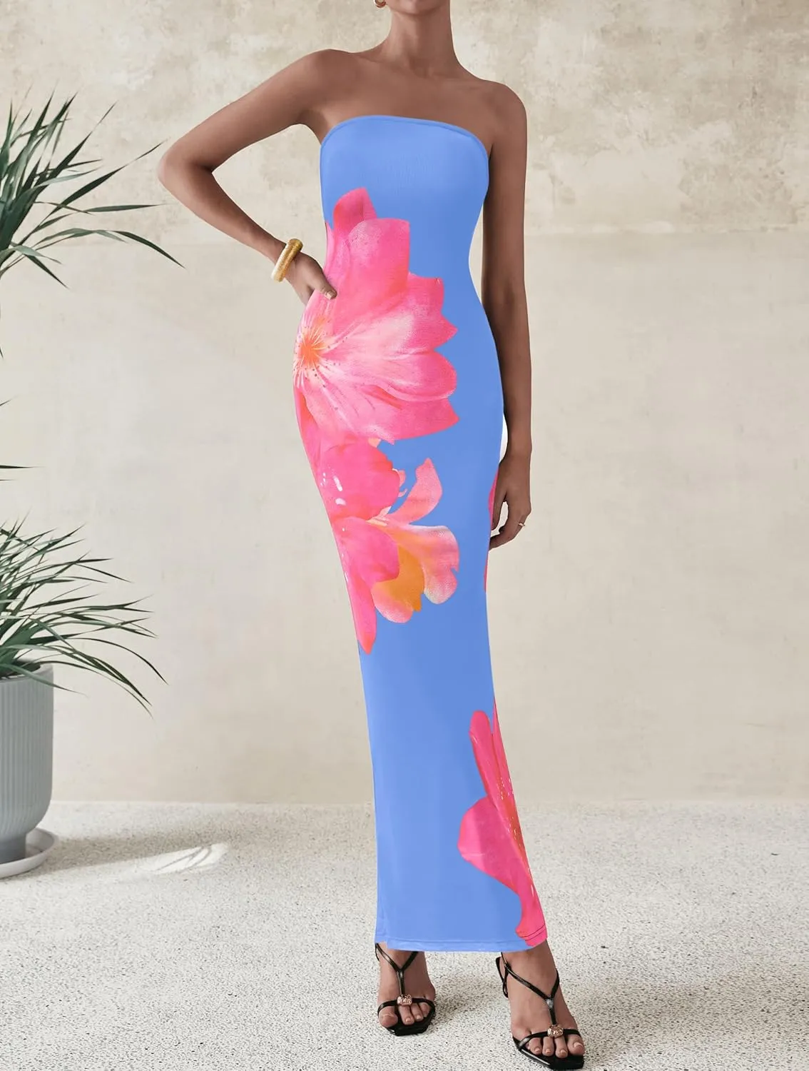 PRETTYGARDEN Women Summer Strapless Maxi Dress Bodycon Floral Sexy Long Wedding Guest Dress Formal Tube Mesh Cocktail Dresses