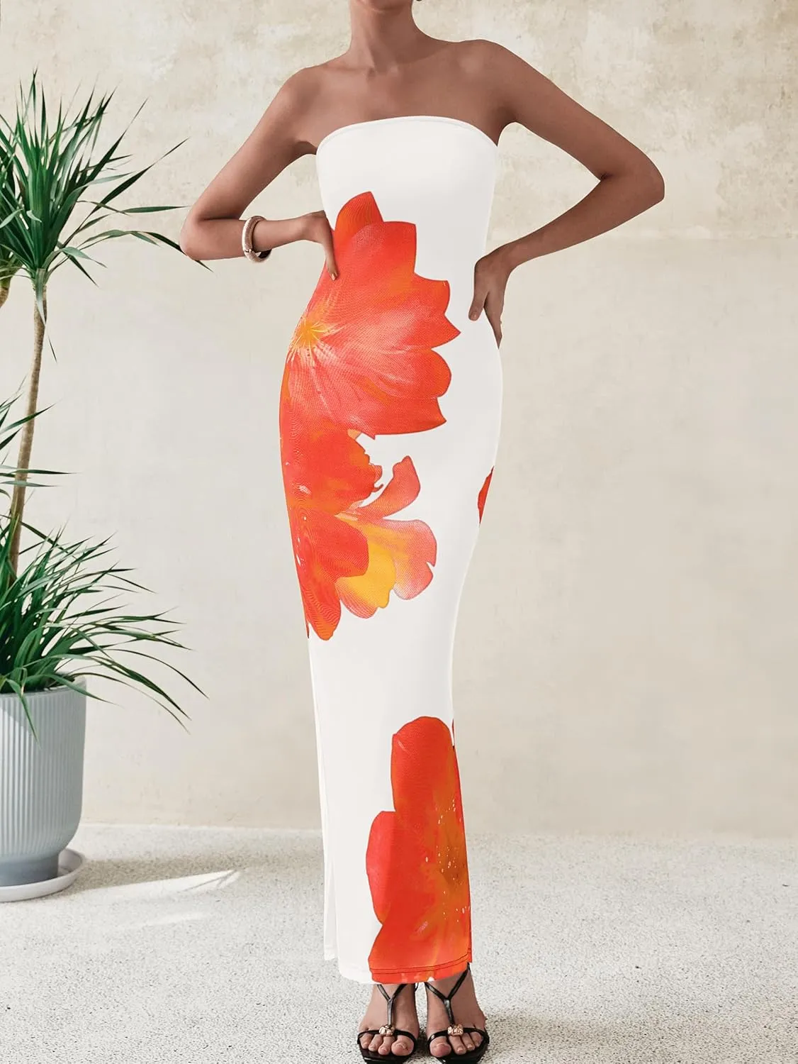 PRETTYGARDEN Women Summer Strapless Maxi Dress Bodycon Floral Sexy Long Wedding Guest Dress Formal Tube Mesh Cocktail Dresses