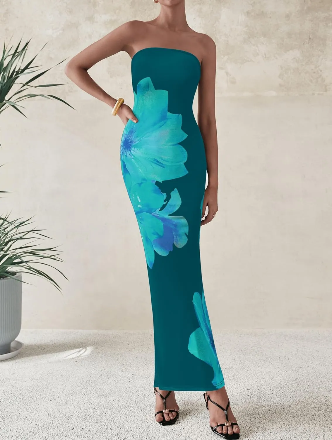 PRETTYGARDEN Women Summer Strapless Maxi Dress Bodycon Floral Sexy Long Wedding Guest Dress Formal Tube Mesh Cocktail Dresses