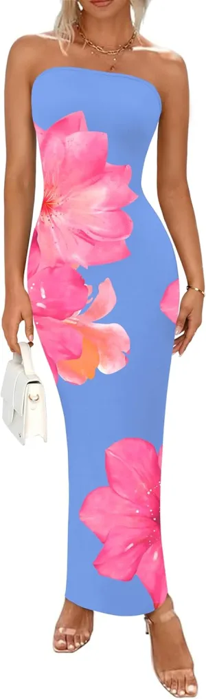 PRETTYGARDEN Women Summer Strapless Maxi Dress Bodycon Floral Sexy Long Wedding Guest Dress Formal Tube Mesh Cocktail Dresses