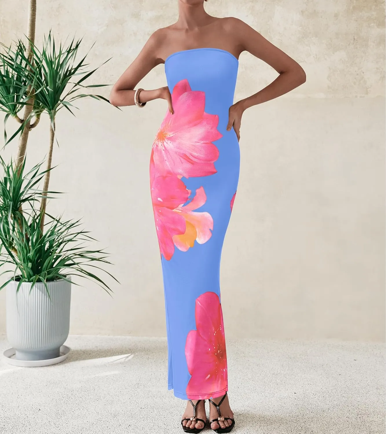 PRETTYGARDEN Women Summer Strapless Maxi Dress Bodycon Floral Sexy Long Wedding Guest Dress Formal Tube Mesh Cocktail Dresses