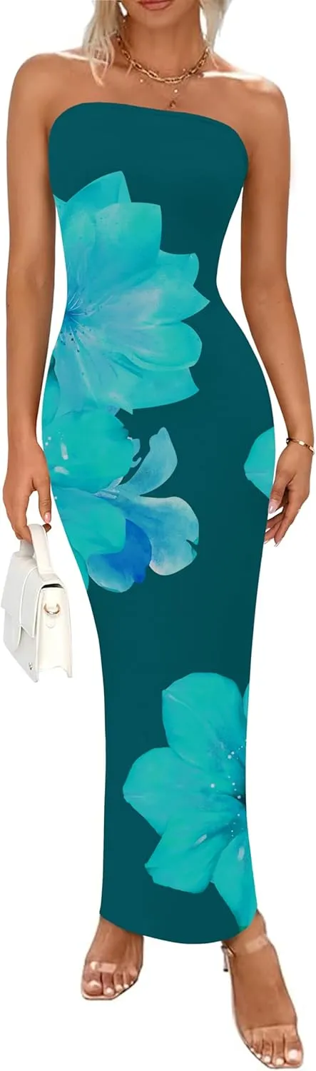 PRETTYGARDEN Women Summer Strapless Maxi Dress Bodycon Floral Sexy Long Wedding Guest Dress Formal Tube Mesh Cocktail Dresses