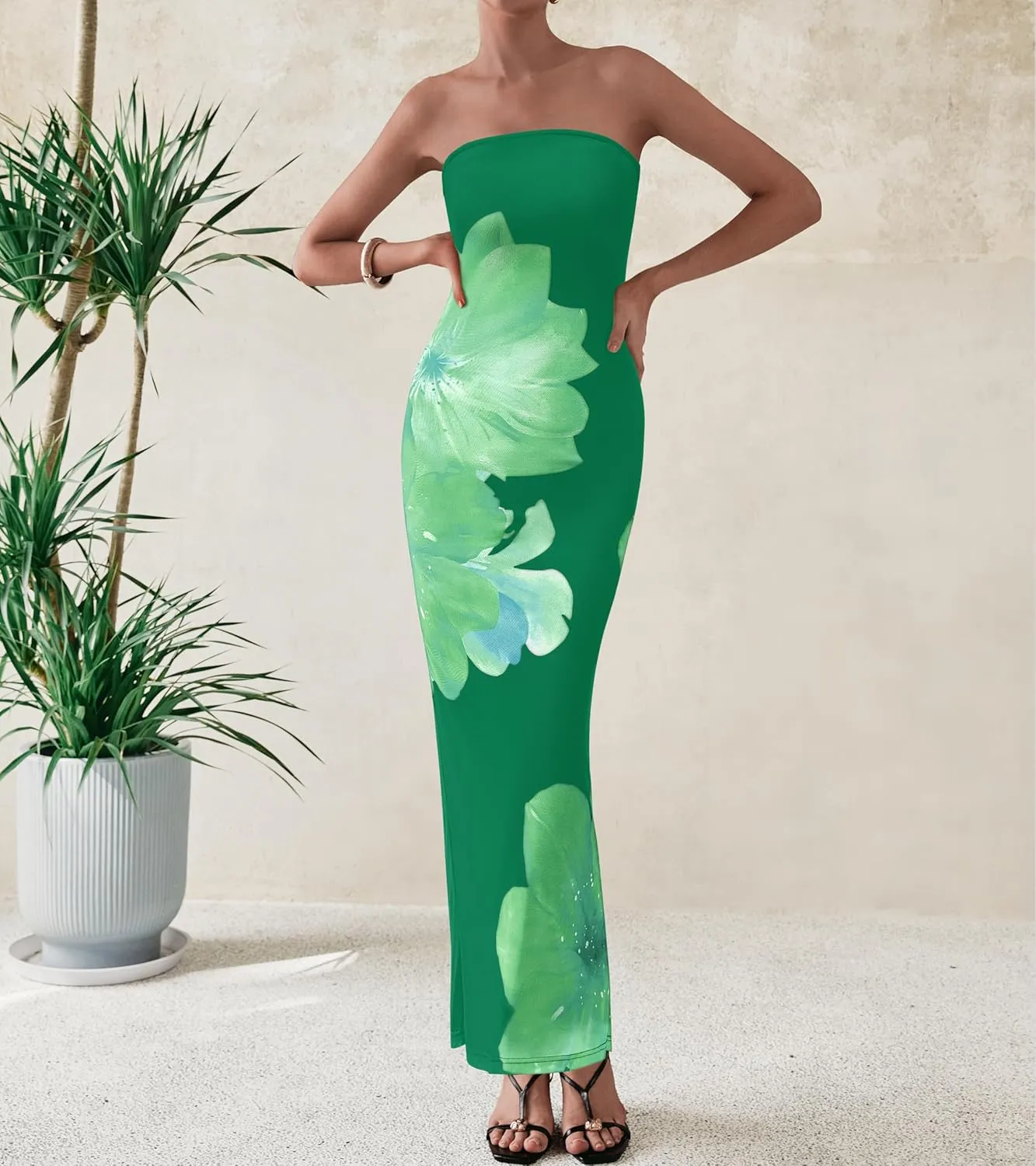 PRETTYGARDEN Women Summer Strapless Maxi Dress Bodycon Floral Sexy Long Wedding Guest Dress Formal Tube Mesh Cocktail Dresses