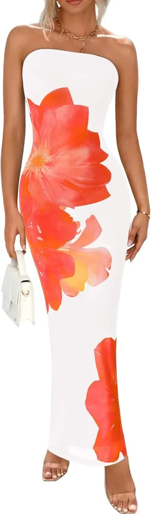 PRETTYGARDEN Women Summer Strapless Maxi Dress Bodycon Floral Sexy Long Wedding Guest Dress Formal Tube Mesh Cocktail Dresses