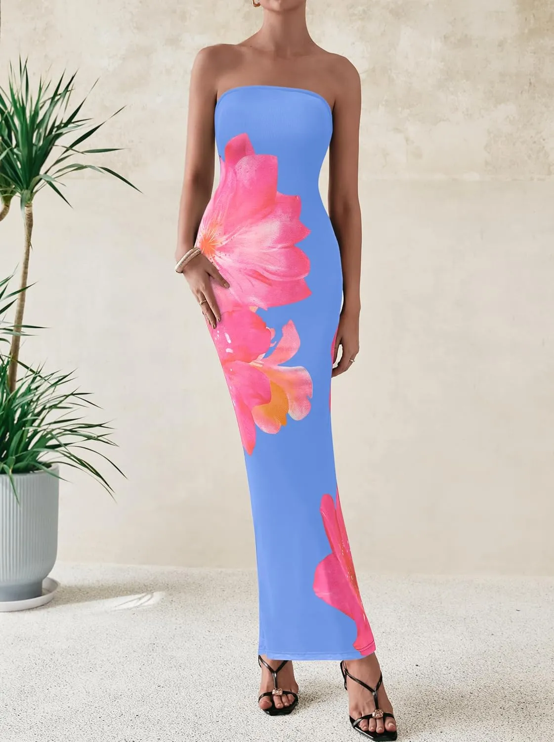 PRETTYGARDEN Women Summer Strapless Maxi Dress Bodycon Floral Sexy Long Wedding Guest Dress Formal Tube Mesh Cocktail Dresses