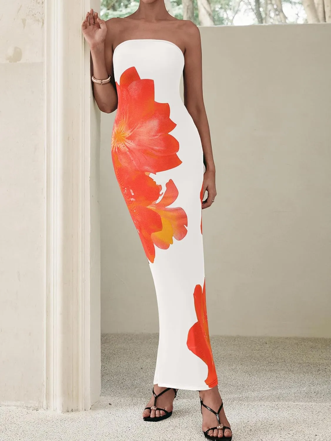PRETTYGARDEN Women Summer Strapless Maxi Dress Bodycon Floral Sexy Long Wedding Guest Dress Formal Tube Mesh Cocktail Dresses
