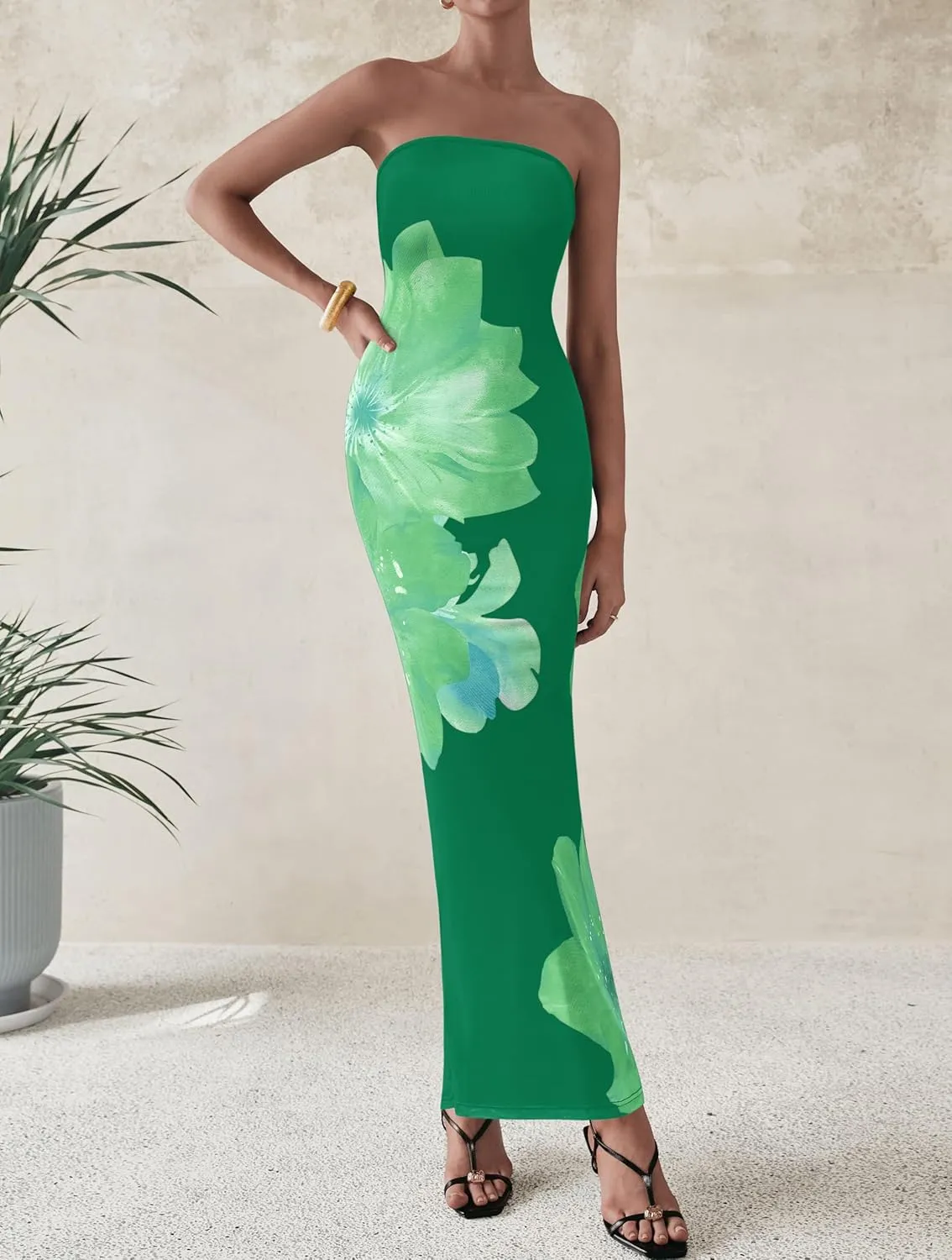 PRETTYGARDEN Women Summer Strapless Maxi Dress Bodycon Floral Sexy Long Wedding Guest Dress Formal Tube Mesh Cocktail Dresses