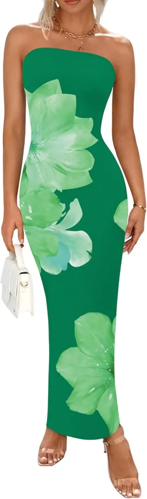PRETTYGARDEN Women Summer Strapless Maxi Dress Bodycon Floral Sexy Long Wedding Guest Dress Formal Tube Mesh Cocktail Dresses