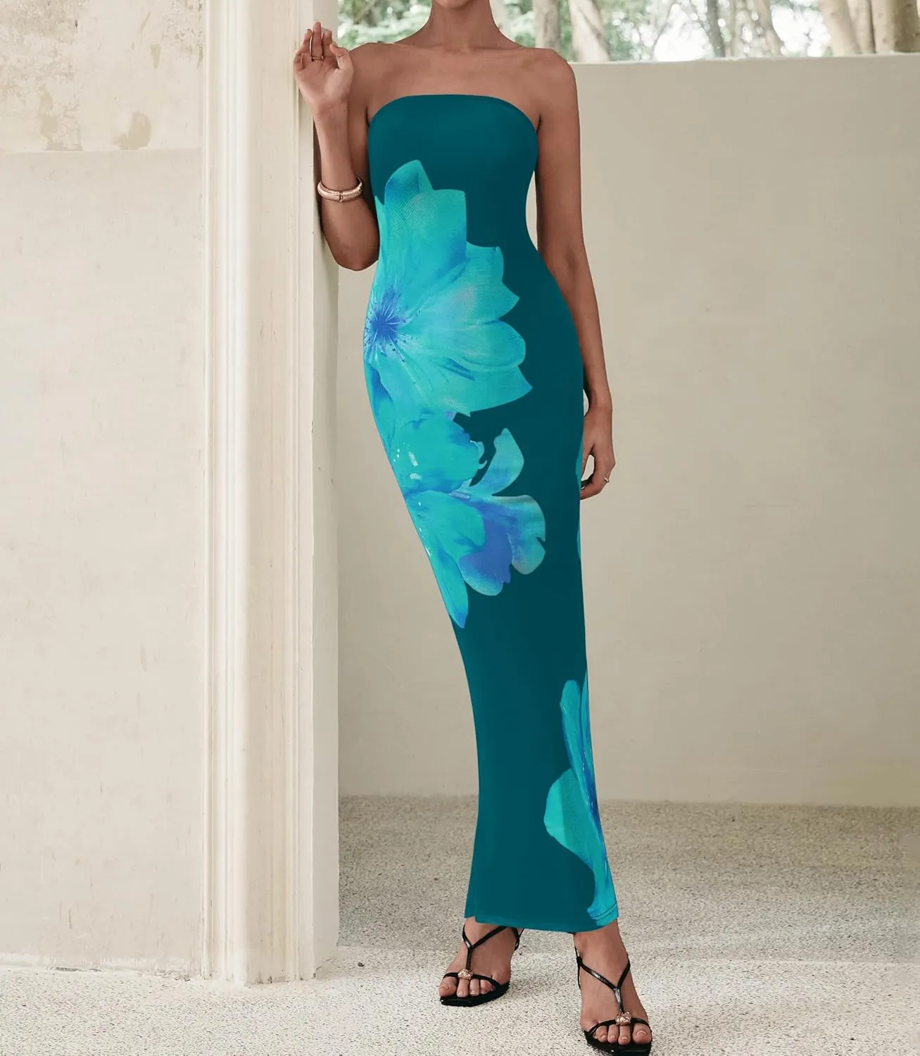 PRETTYGARDEN Women Summer Strapless Maxi Dress Bodycon Floral Sexy Long Wedding Guest Dress Formal Tube Mesh Cocktail Dresses