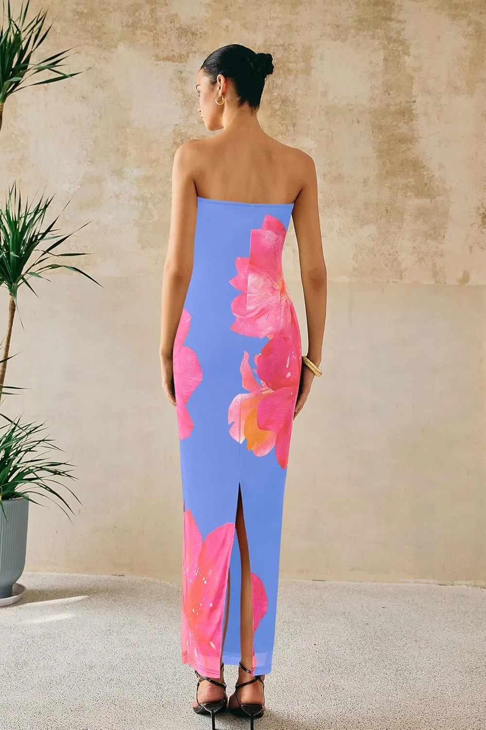 PRETTYGARDEN Women Summer Strapless Maxi Dress Bodycon Floral Sexy Long Wedding Guest Dress Formal Tube Mesh Cocktail Dresses