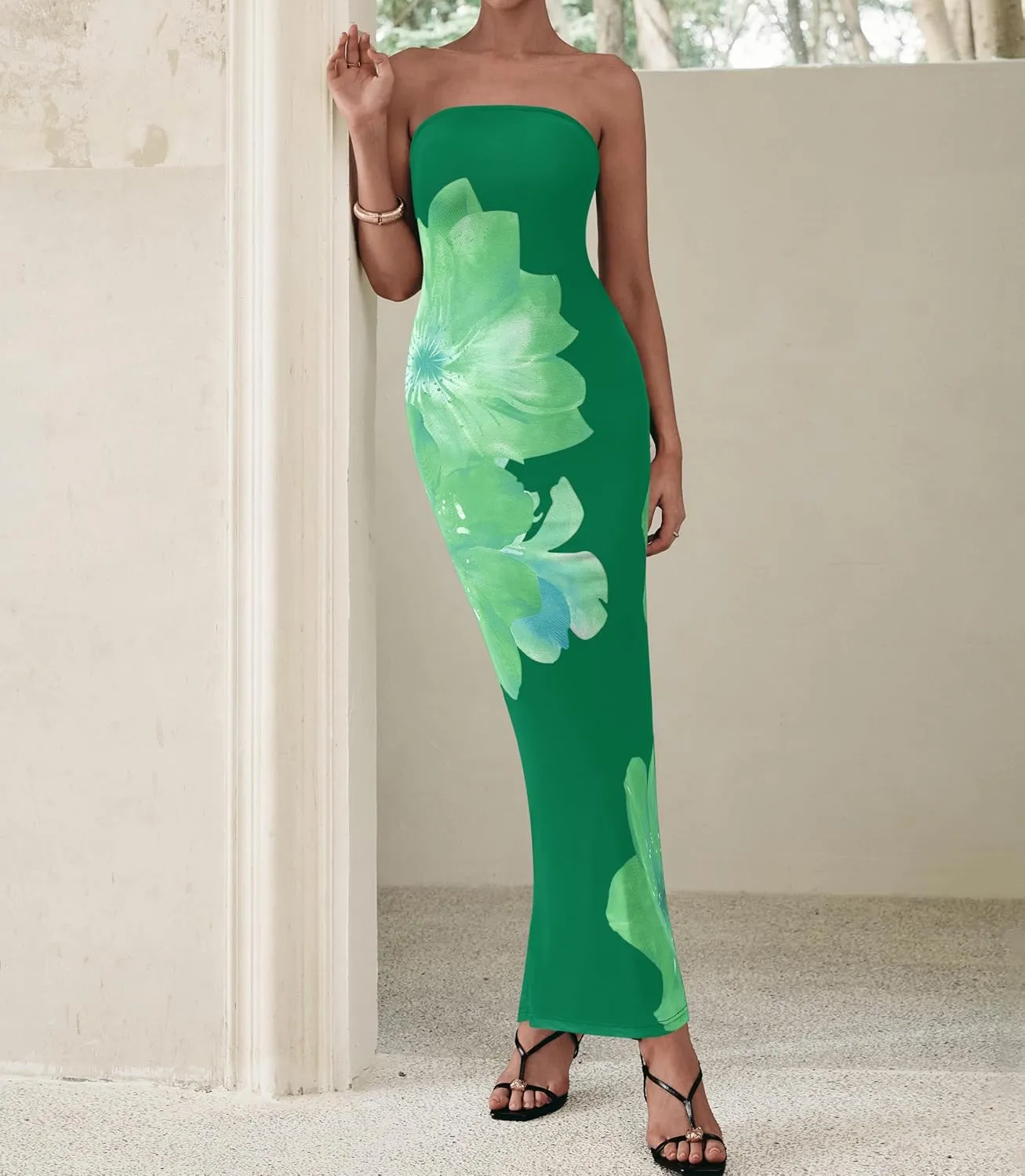 PRETTYGARDEN Women Summer Strapless Maxi Dress Bodycon Floral Sexy Long Wedding Guest Dress Formal Tube Mesh Cocktail Dresses