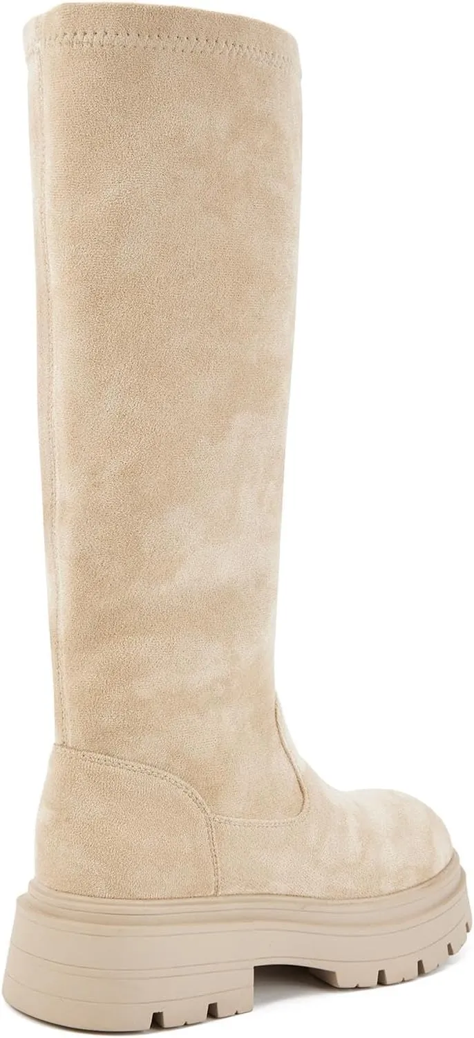 Putu Women's Platform Knee High Boots, Comfortable Faux Suede Chunky Block Heel Boots Round Toe Pull On Long Boots