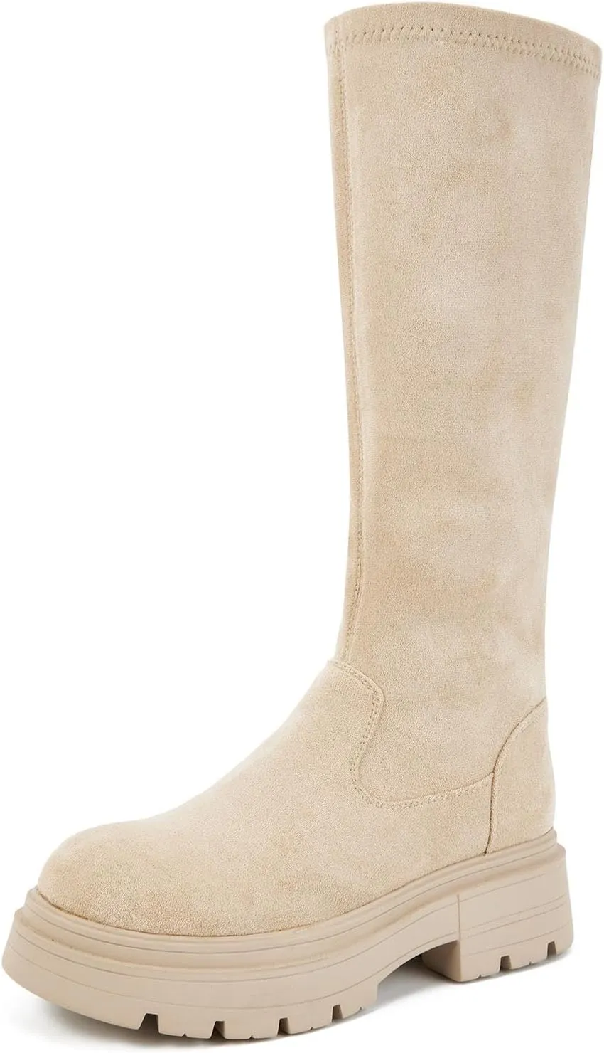 Putu Women's Platform Knee High Boots, Comfortable Faux Suede Chunky Block Heel Boots Round Toe Pull On Long Boots