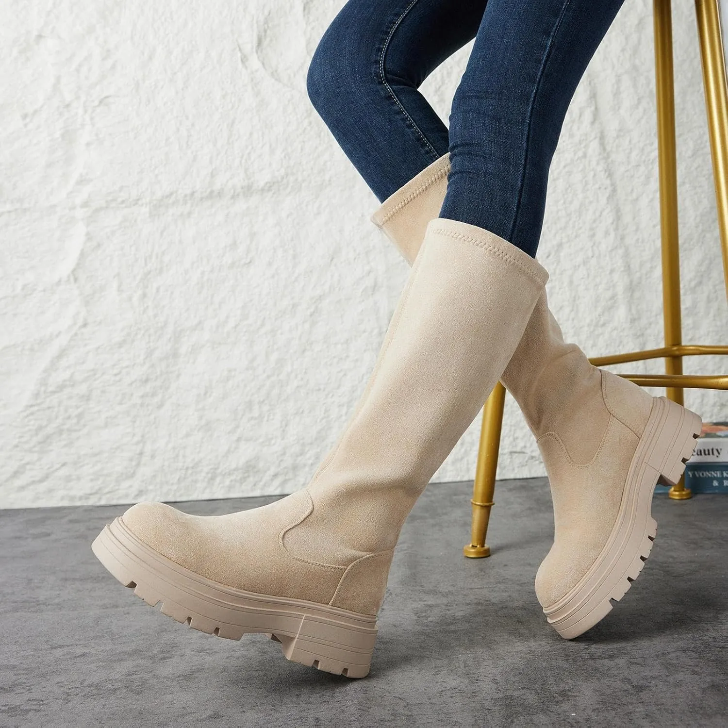 Putu Women's Platform Knee High Boots, Comfortable Faux Suede Chunky Block Heel Boots Round Toe Pull On Long Boots