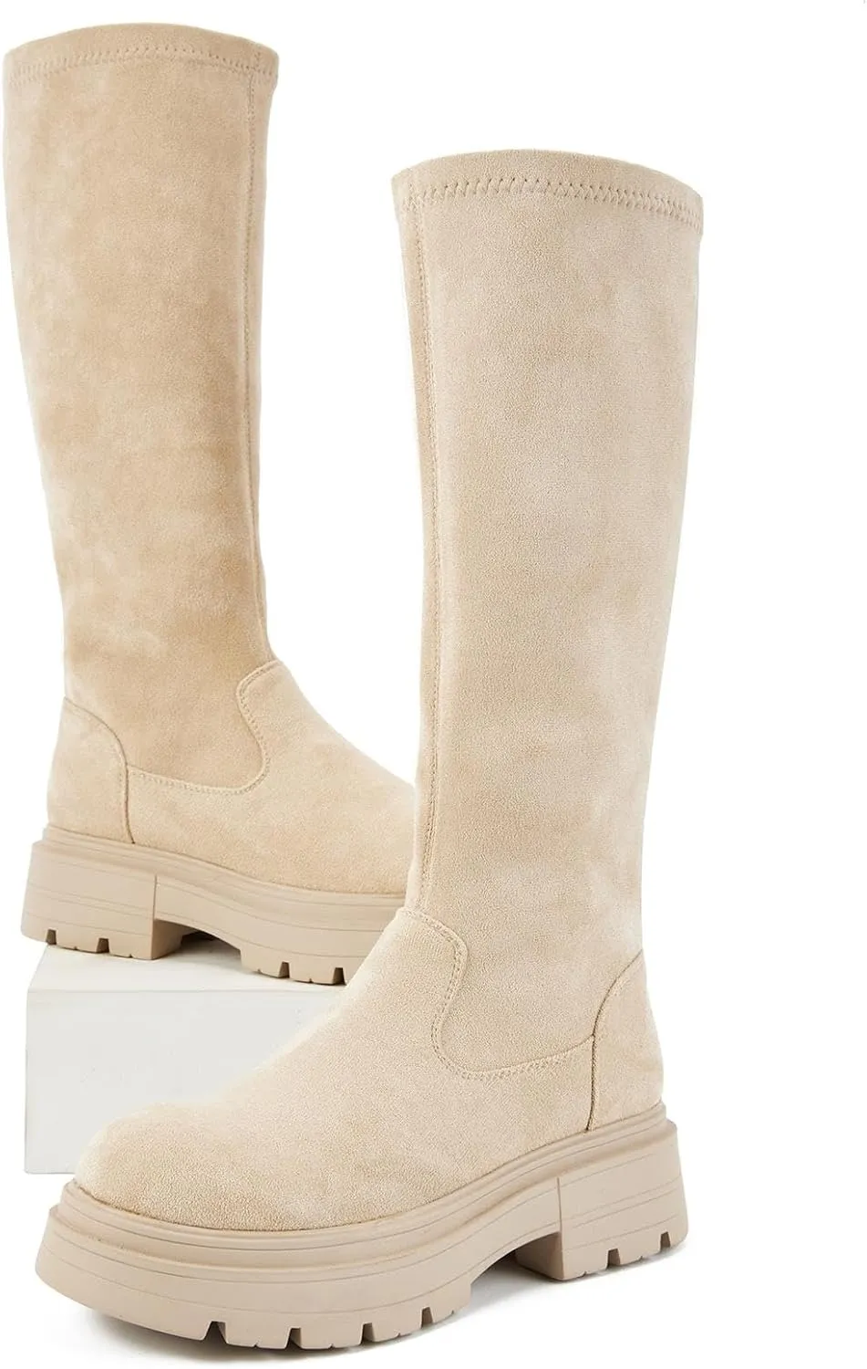 Putu Women's Platform Knee High Boots, Comfortable Faux Suede Chunky Block Heel Boots Round Toe Pull On Long Boots