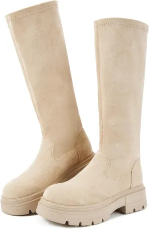 Putu Women's Platform Knee High Boots, Comfortable Faux Suede Chunky Block Heel Boots Round Toe Pull On Long Boots