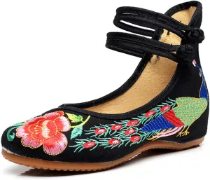 Qhome Women's Chinese Traditional Peacock Embroidered Oxfords Sole Cheongsam Walking Mary Janes Flats