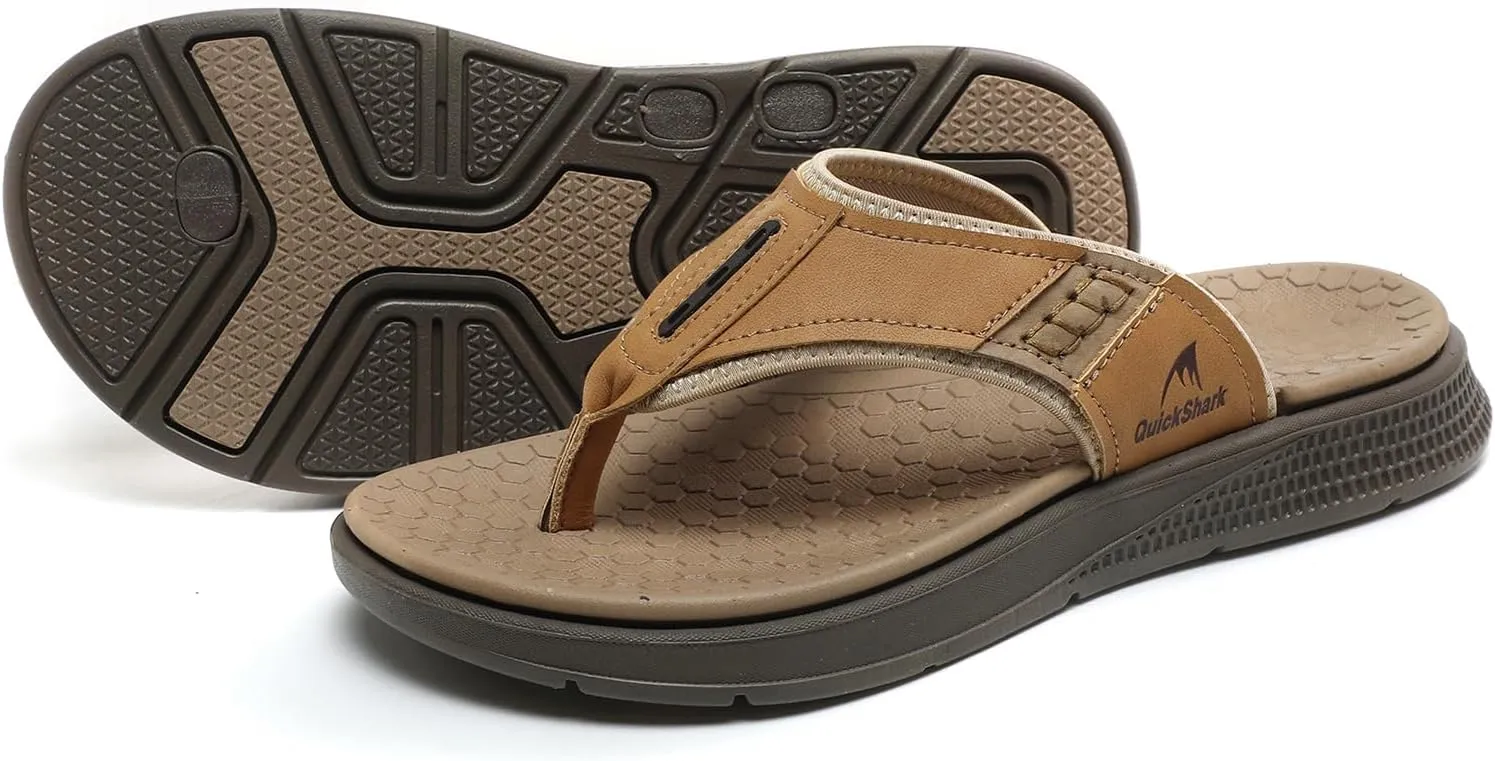 Quickshark Mens Flip Flops Leather Thong Sandals Arch Support Beach Slippers