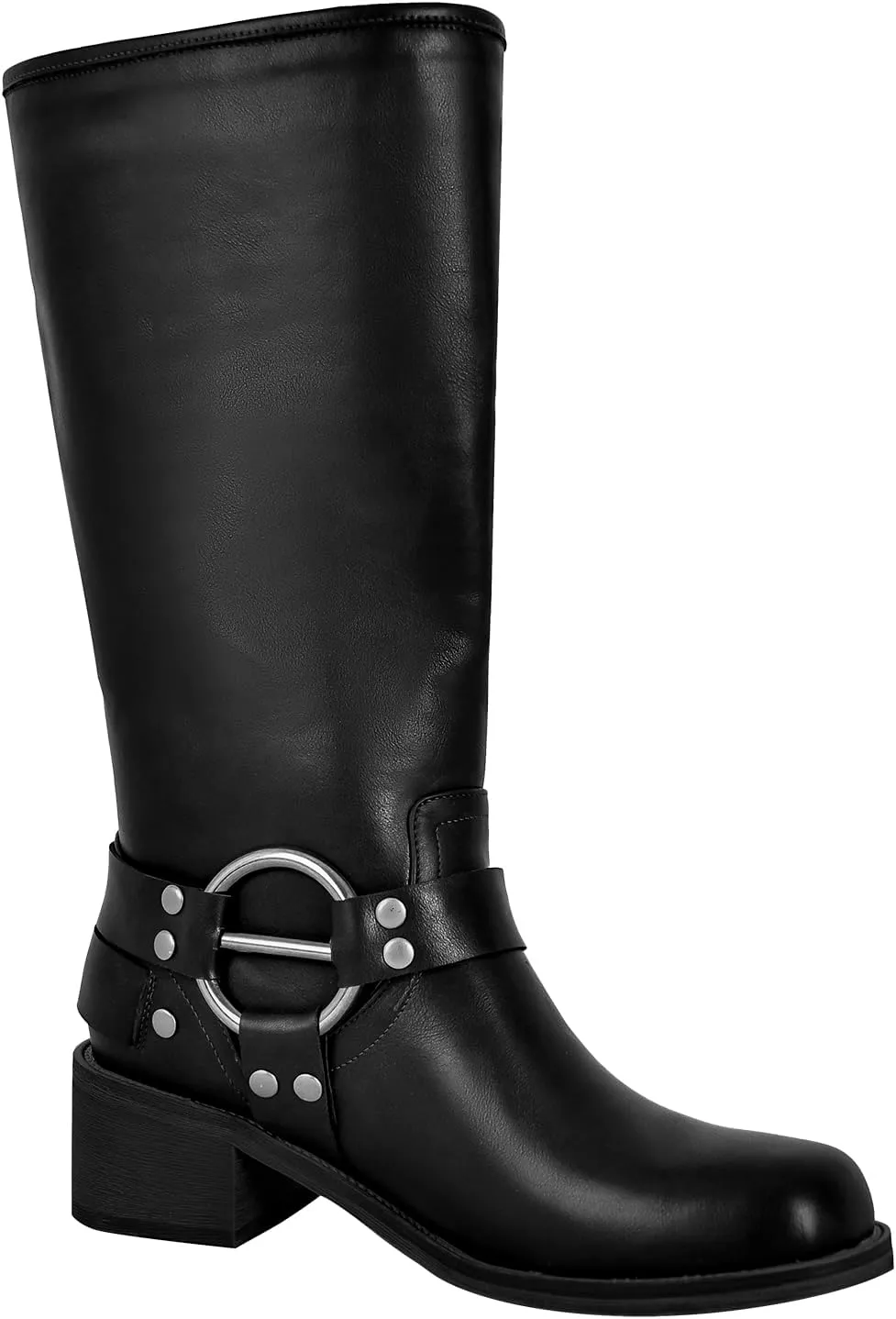 richealnini Women's Platform Heel Mid Calf Boots with Grommets and Buckles Decor Wide Claf Combat Riding Motorcycle Boots