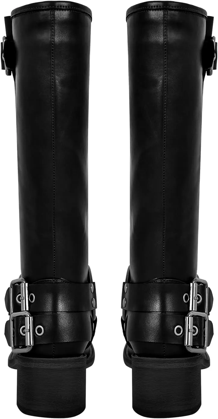 richealnini Women's Platform Heel Mid Calf Boots with Grommets and Buckles Decor Wide Claf Combat Riding Motorcycle Boots