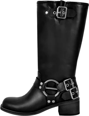 richealnini Women's Platform Heel Mid Calf Boots with Grommets and Buckles Decor Wide Claf Combat Riding Motorcycle Boots