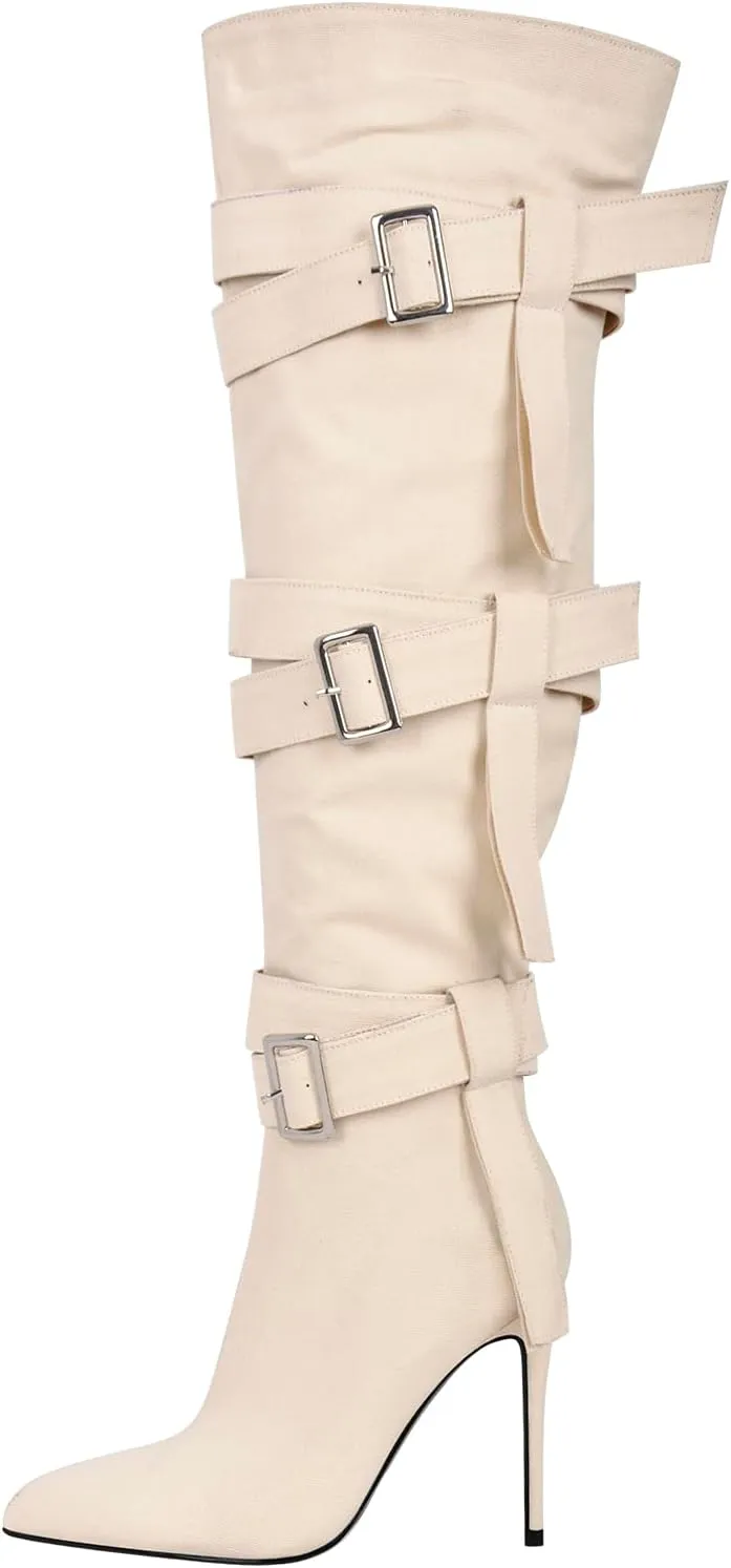 richealnini Women's Thigh High Boots with Straps Canvas Stiletto Heel Sexy Pointed Toe Party Riding Boots