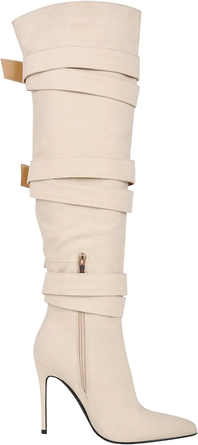 richealnini Women's Thigh High Boots with Straps Canvas Stiletto Heel Sexy Pointed Toe Party Riding Boots