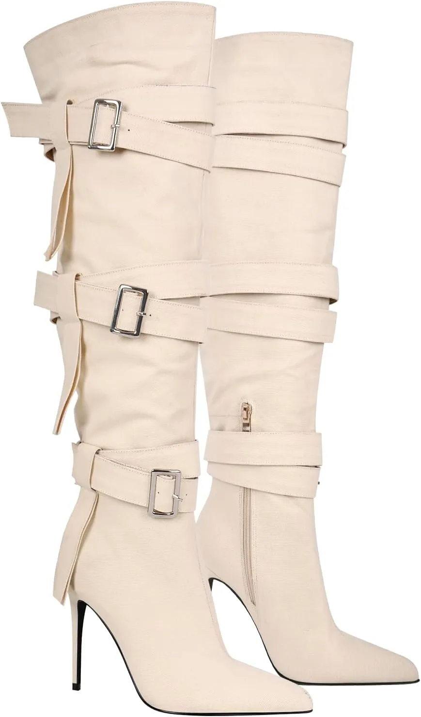richealnini Women's Thigh High Boots with Straps Canvas Stiletto Heel Sexy Pointed Toe Party Riding Boots