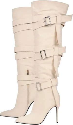 richealnini Women's Thigh High Boots with Straps Canvas Stiletto Heel Sexy Pointed Toe Party Riding Boots
