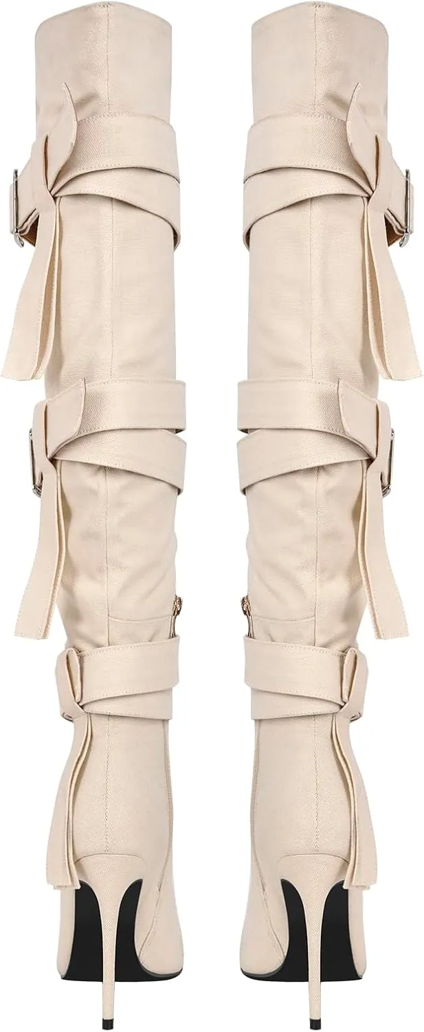 richealnini Women's Thigh High Boots with Straps Canvas Stiletto Heel Sexy Pointed Toe Party Riding Boots