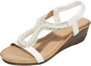 rismart Bohemian Wedge Sandals Women Summer Rhinestone Dressy Shoes