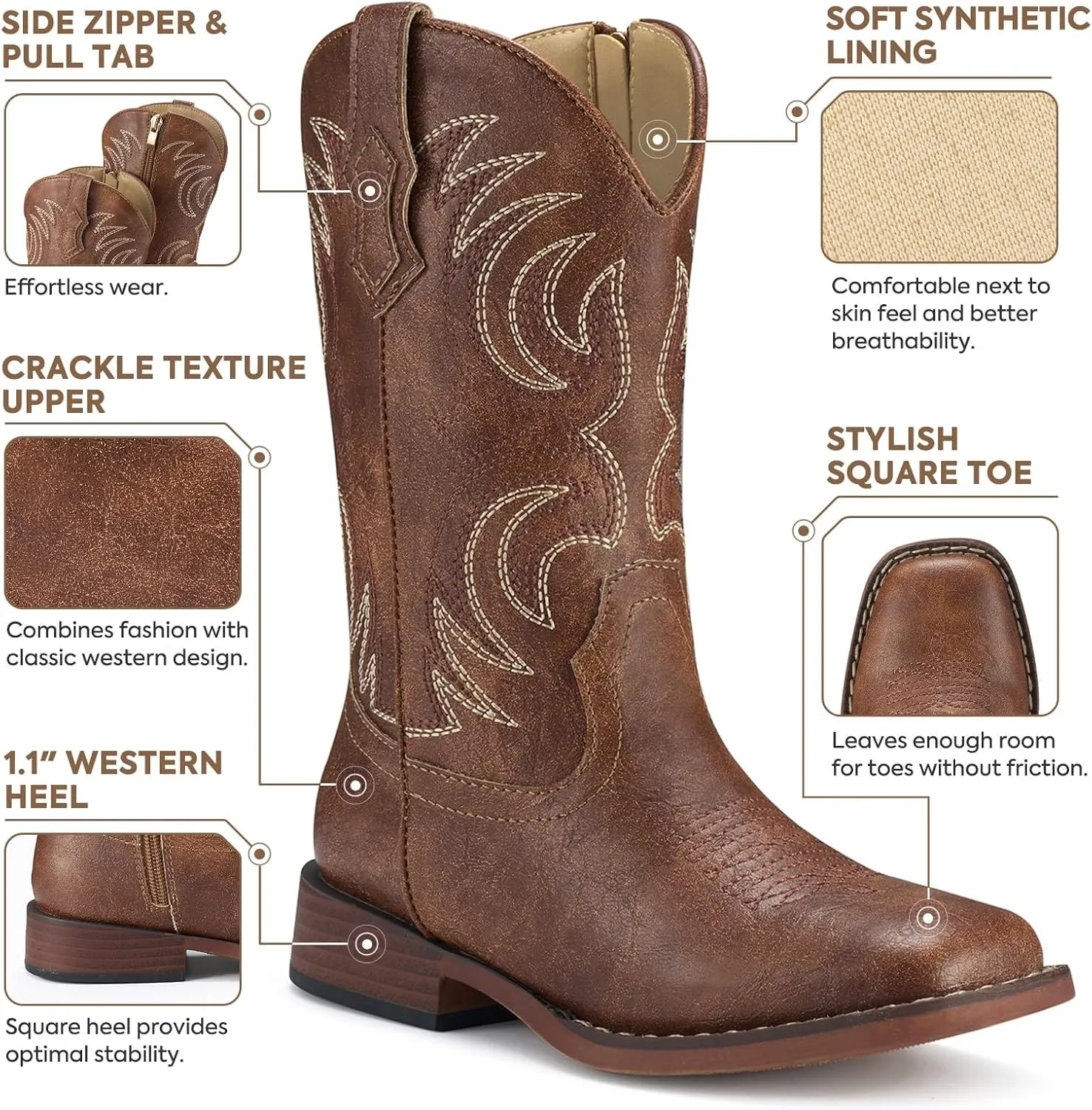 Rollda Kids Cowboy Boots Girls Cowgirl Boots Square Toe Boys Western Boots for Toddler/Little Kid/Big Kid