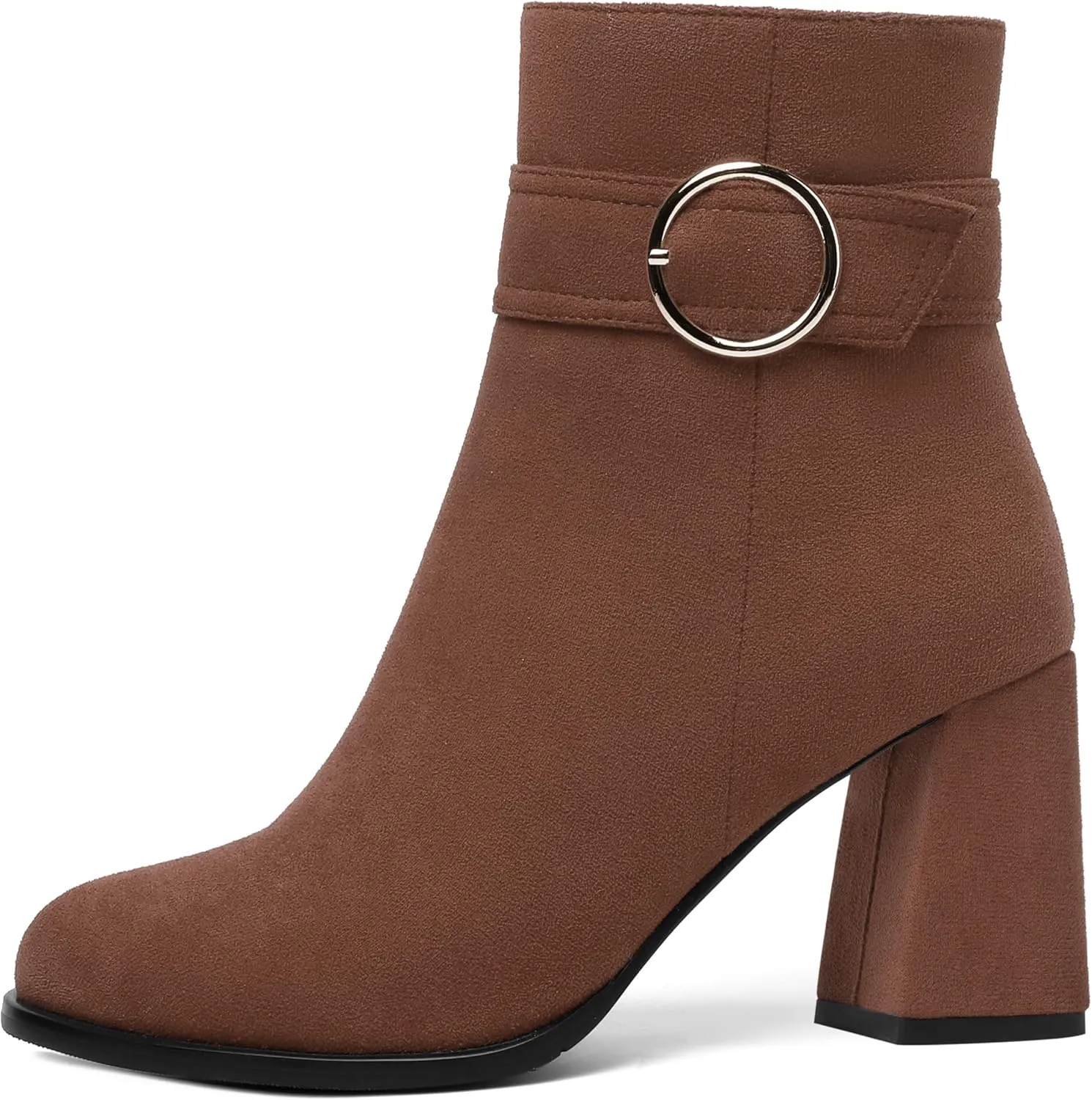 ROSERWISH Womens Zip Suede Round Toe Travel Outdoor Buckle Ankle Strap Block High Heel Ankle High Boots 3.3 Inch