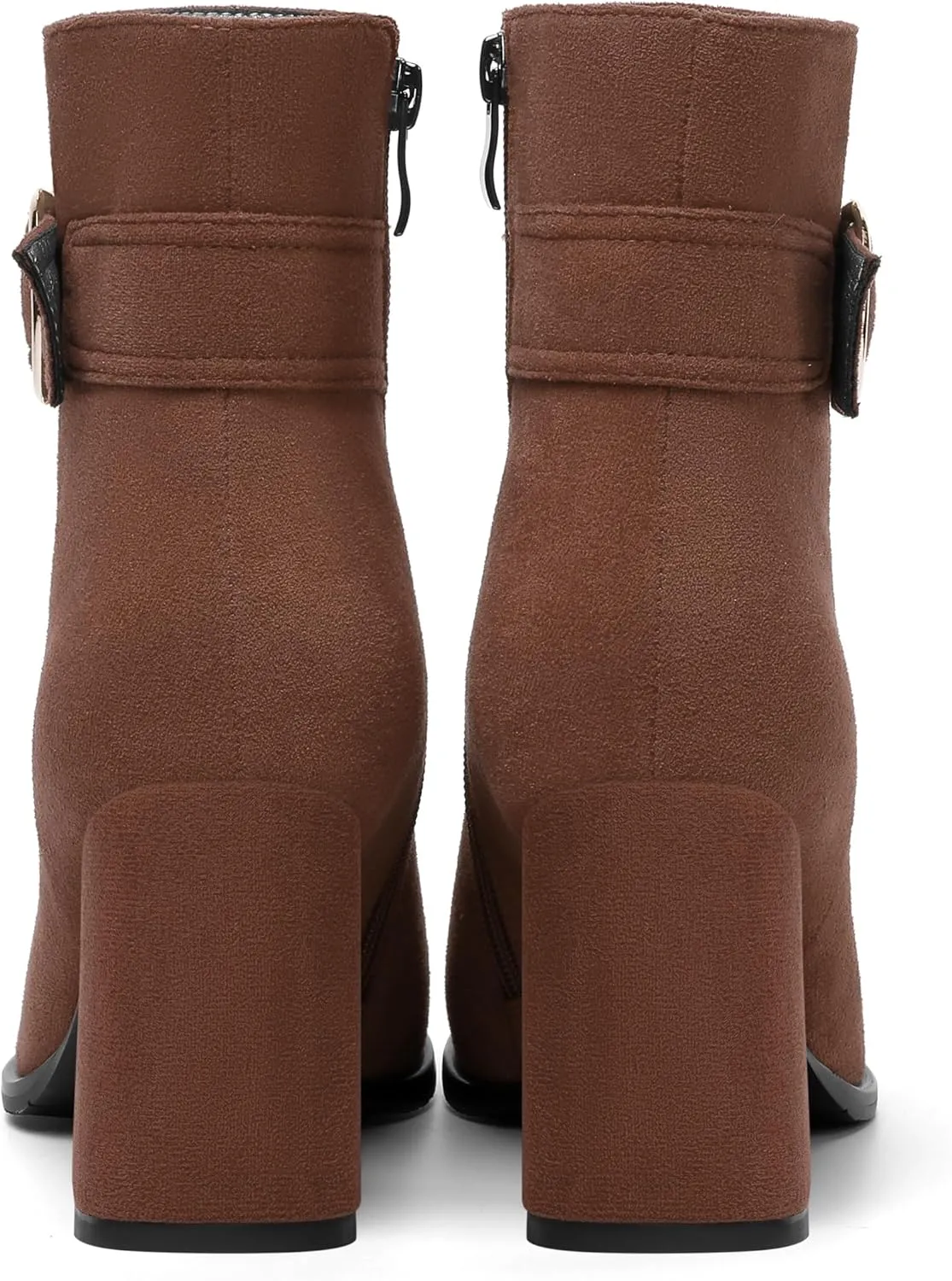 ROSERWISH Womens Zip Suede Round Toe Travel Outdoor Buckle Ankle Strap Block High Heel Ankle High Boots 3.3 Inch