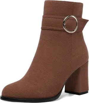 ROSERWISH Womens Zip Suede Round Toe Travel Outdoor Buckle Ankle Strap Block High Heel Ankle High Boots 3.3 Inch