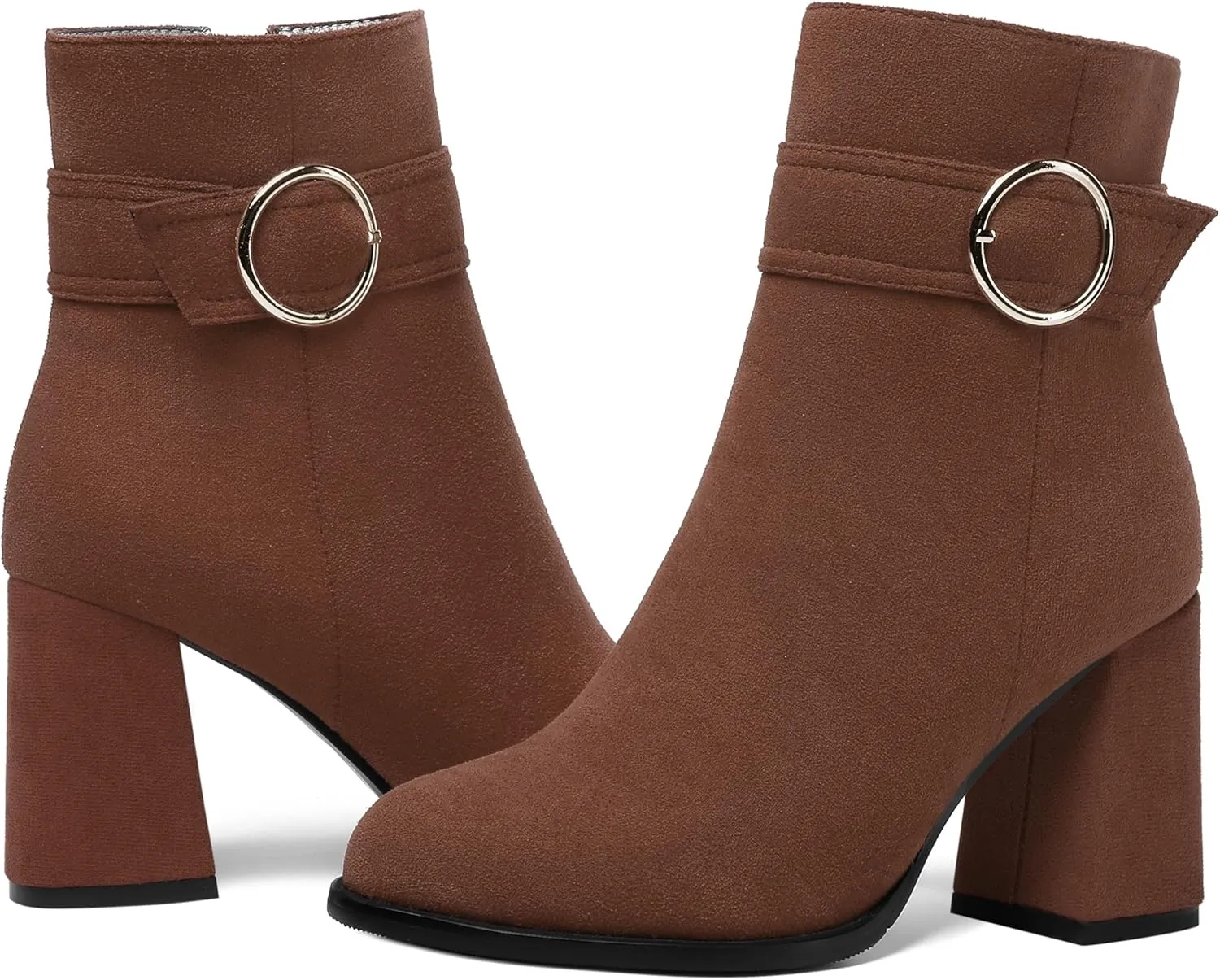 ROSERWISH Womens Zip Suede Round Toe Travel Outdoor Buckle Ankle Strap Block High Heel Ankle High Boots 3.3 Inch